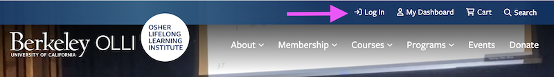 Arrow pointing at "Log In" in the blue menu